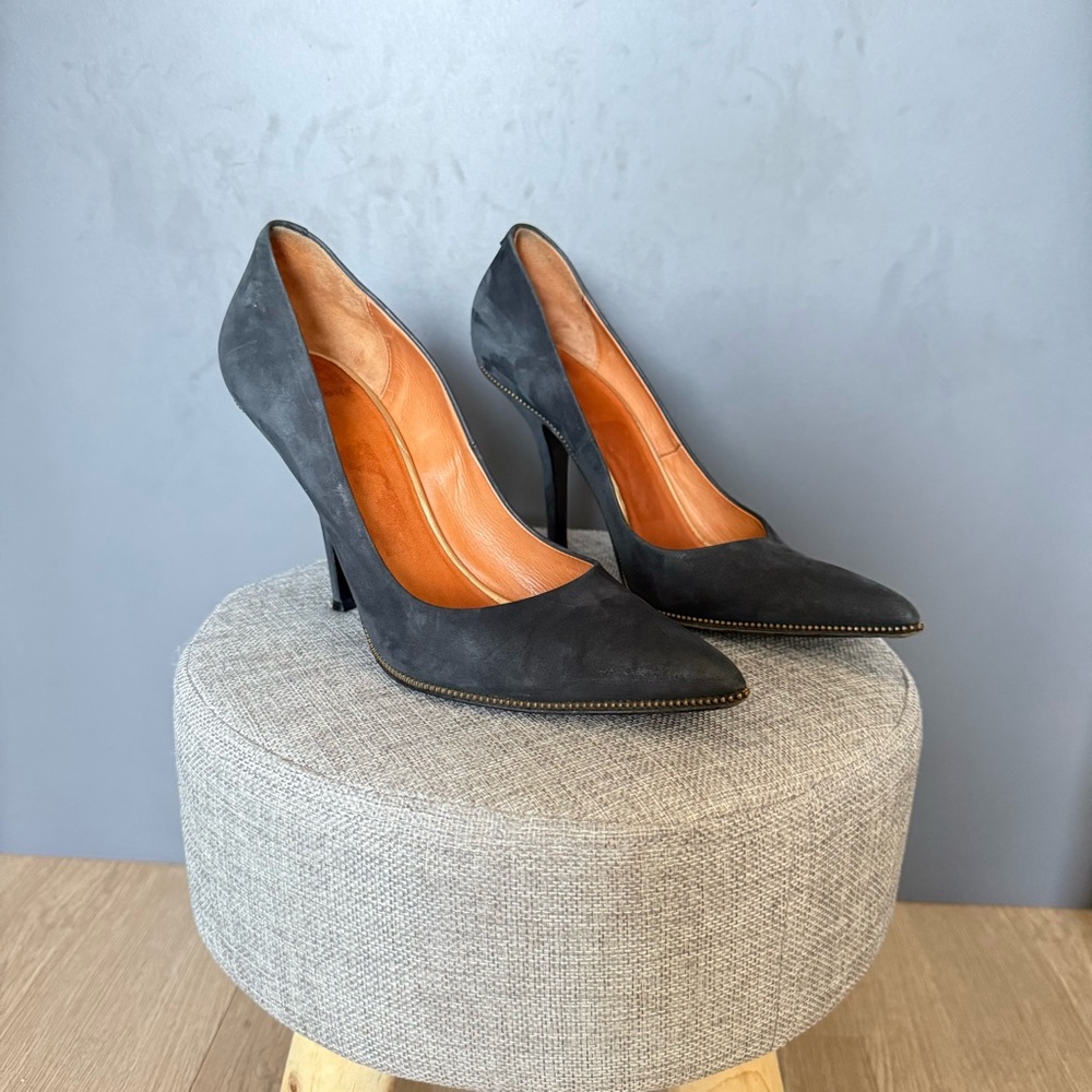 Givenchy Women Blue Black Suede Leather Bronze Zipper Pointed Pump‎ Heel 37 / 7 - Picture 2 of 16